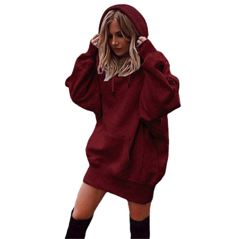 Women’s maroon fleece pullover hooded sweatshirt with drawstring and kangaroo pocket