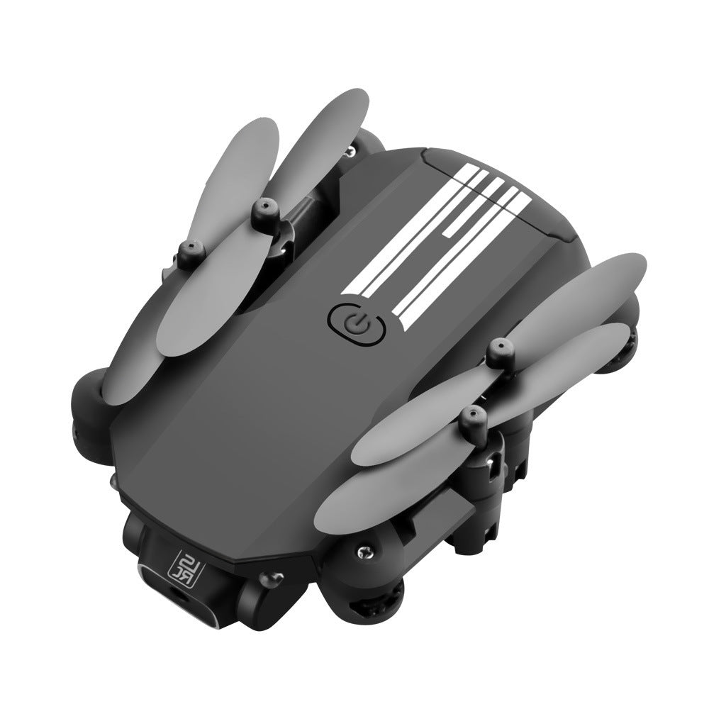 Black and gray drone with propellers on a white background