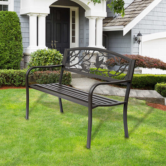 50-inch vintage style garden bench with decorative bird pattern backrest in brown cast iron