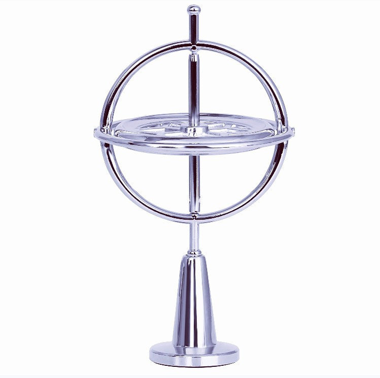 Silver self-balancing finger gyroscope with circular frame and pedestal