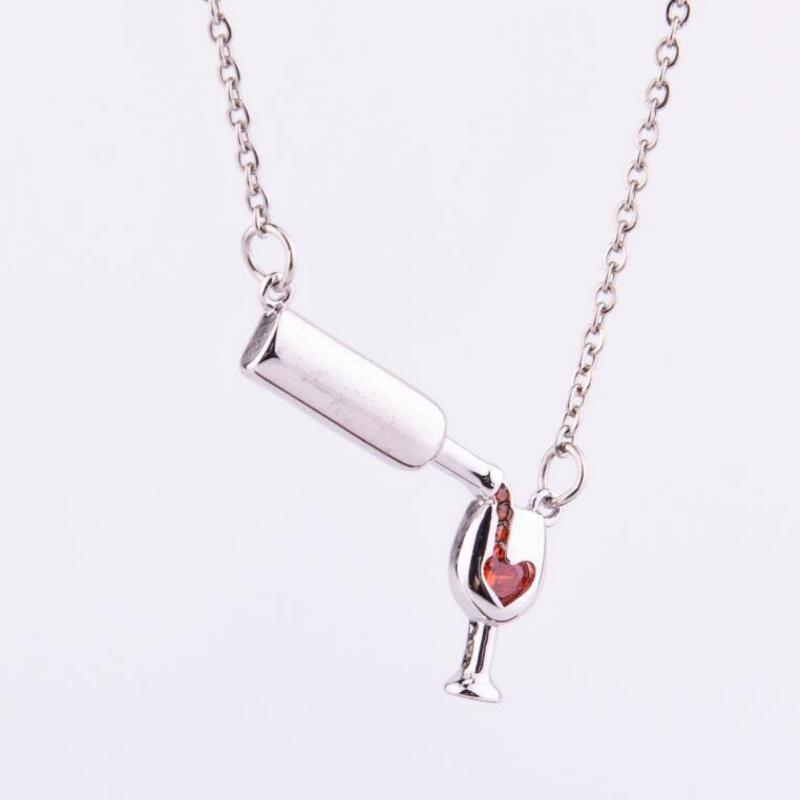 Wine Bottle Cup Pendant Necklace For Women Girls Wine Glass Necklace Love Cheers Chain Necklace Red Enamel Heart Necklace Christmas Birthday Jewelry Gifts For Wine Lovers