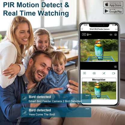 White and blue smart bird feeder with camera, shown with companion smartphone view.