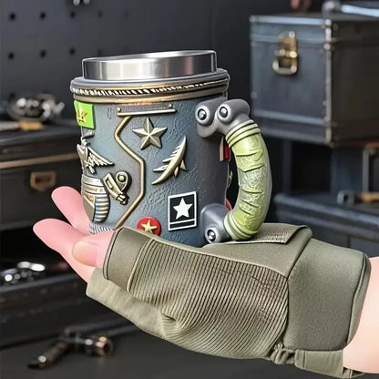 Insulated tactical mug with metal lid, blue fabric side patches, green wrap and strap