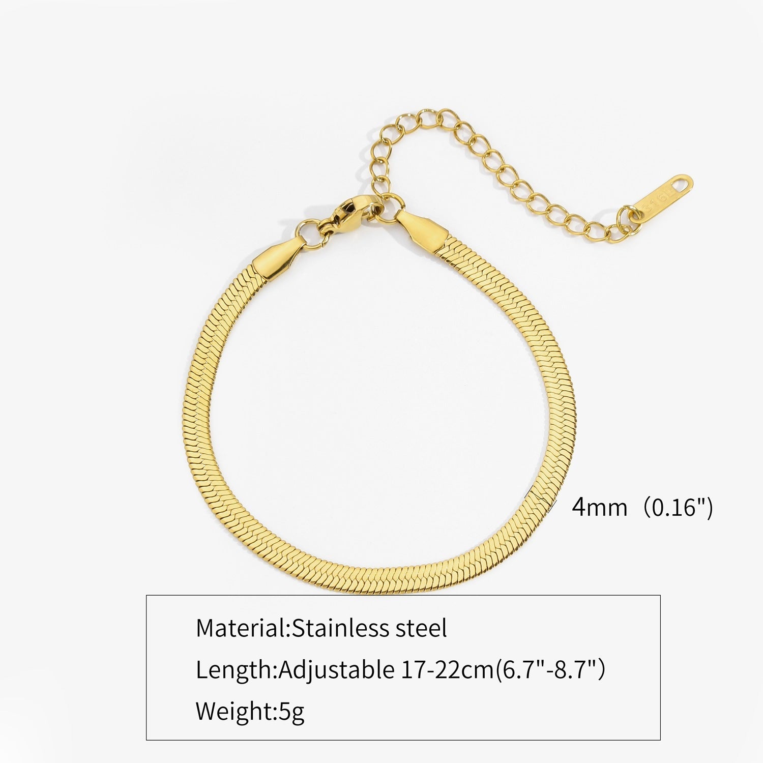 Gold-tone flat snake chain bracelet, 4mm width; adjustable 17-22cm