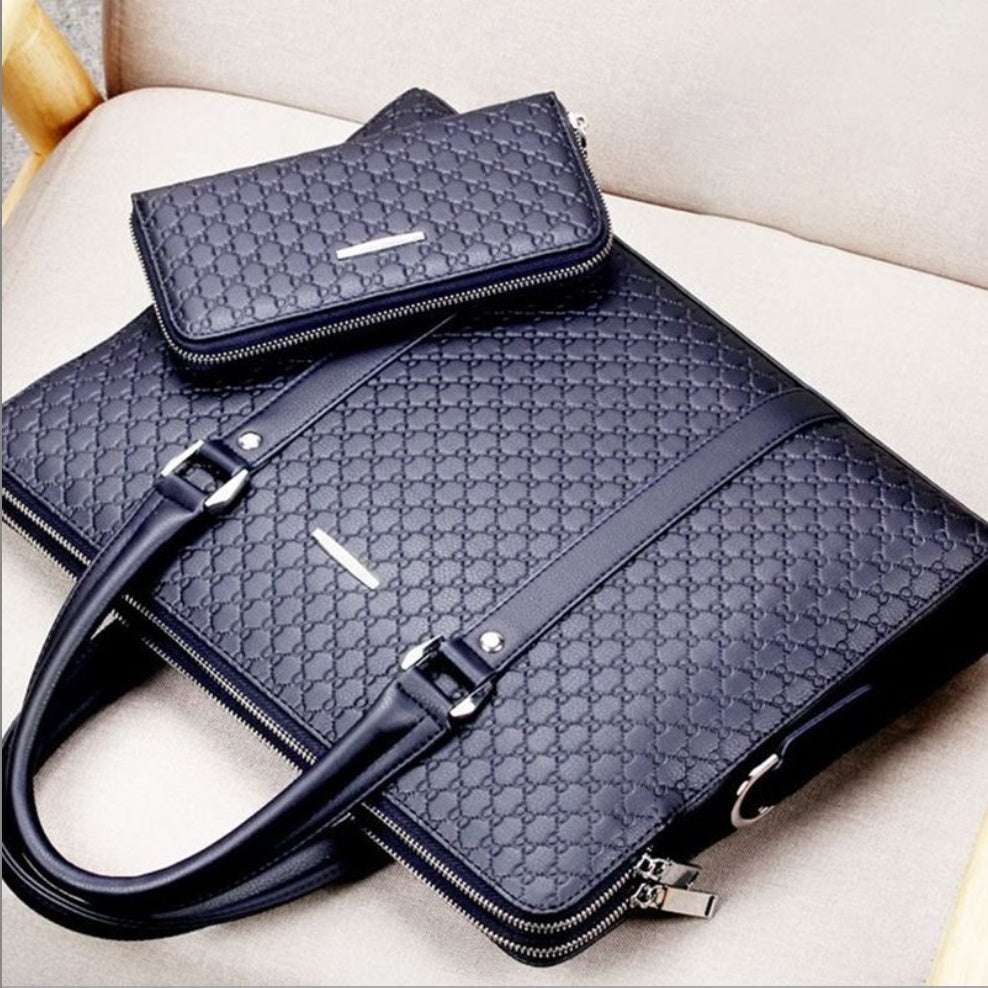 Black embossed letter pattern briefcase with matching zip wallet and front flap