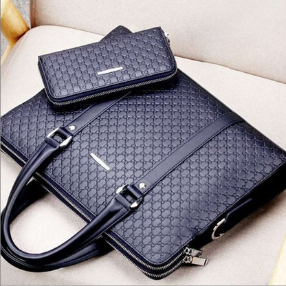 Black embossed letter pattern briefcase with matching zip wallet and front flap