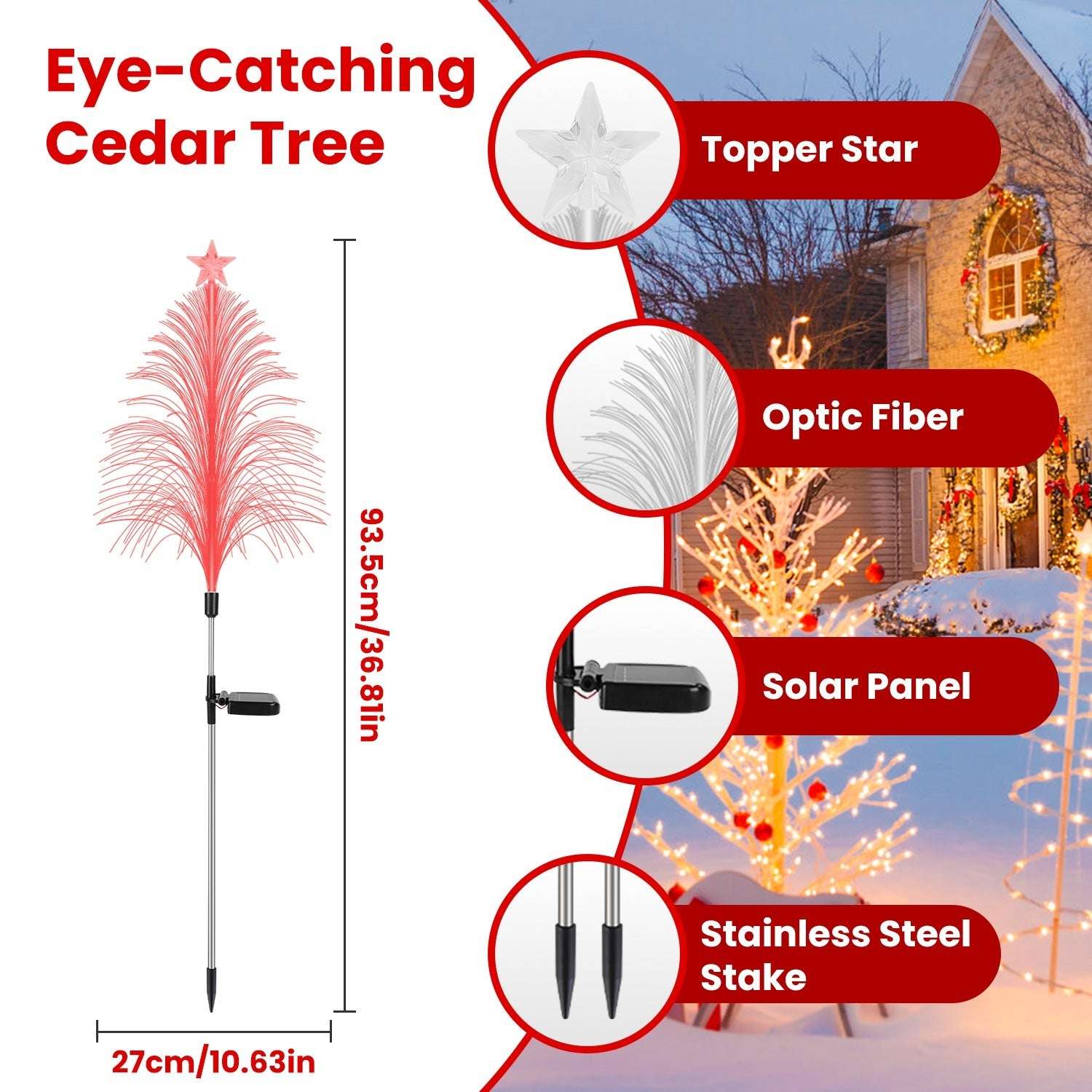 Eye-catching cedar tree with features like topper star, optic fiber, solar panel, and stainless steel stake highlighted.