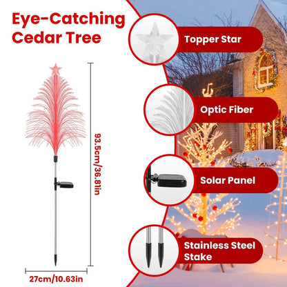 Eye-catching cedar tree with features like topper star, optic fiber, solar panel, and stainless steel stake highlighted.