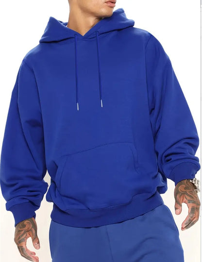 Blue pullover hoodie with drawstring hood and front kangaroo pocket, ribbed cuffs