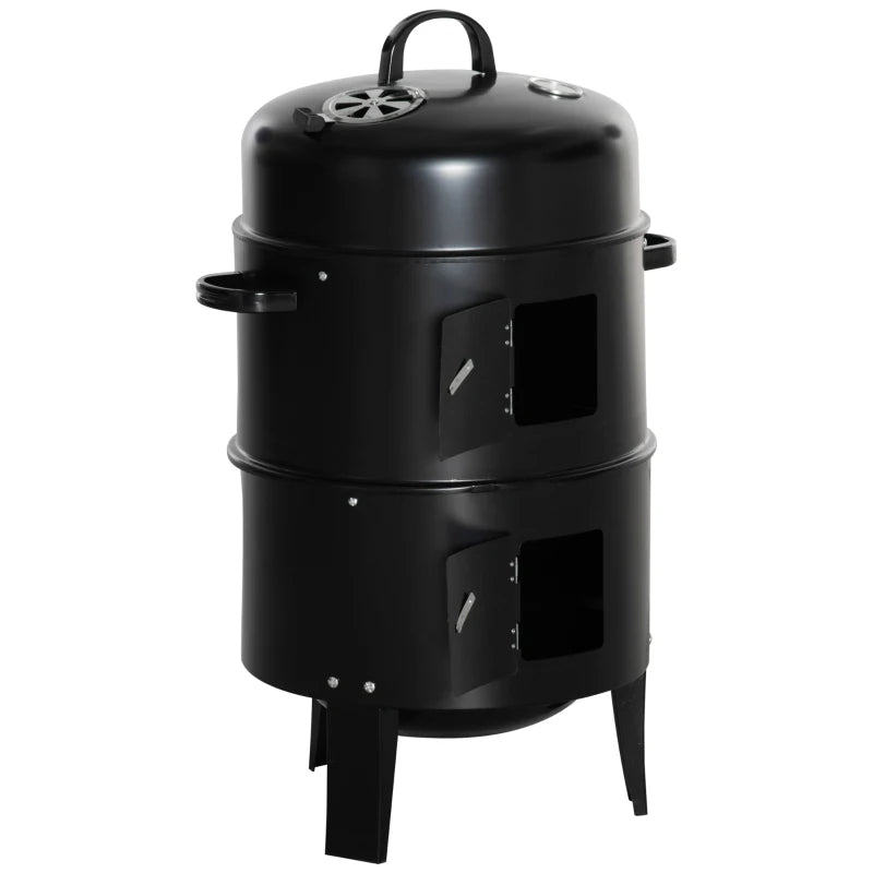 Black vertical charcoal smoker with two front doors and top carrying handle