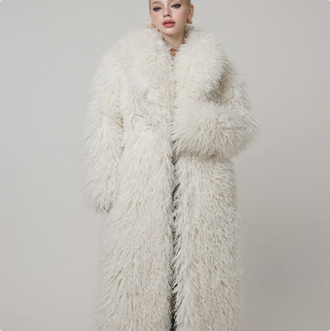 Women’s mid-length faux fur coat, open front, high stand collar, long sleeves, off-white.