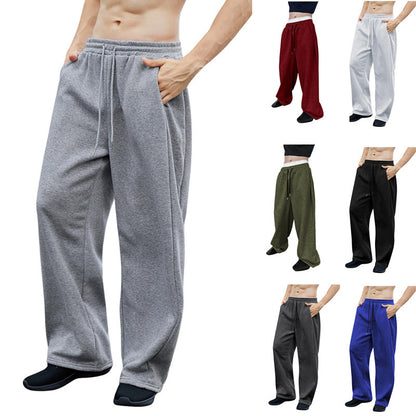 Men's sweatpants color options in gray, red, olive, black, and blue; elastic drawstring waist