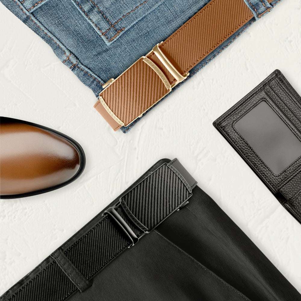 Belt, jeans, shoes, and wallet on a white surface