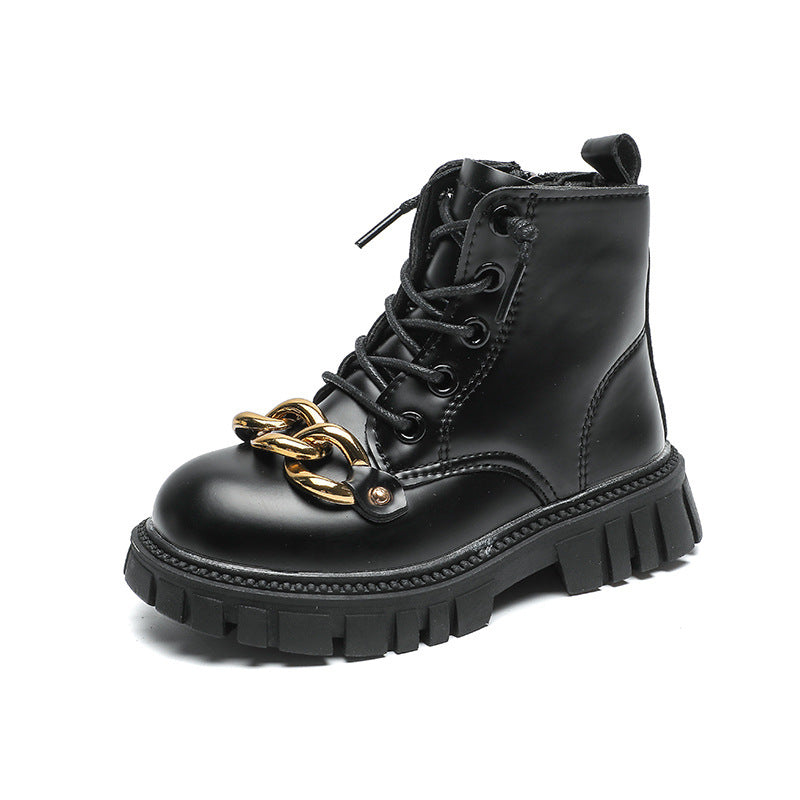 Black kids lace-up Martin boot with gold chain buckle and chunky lug outsole