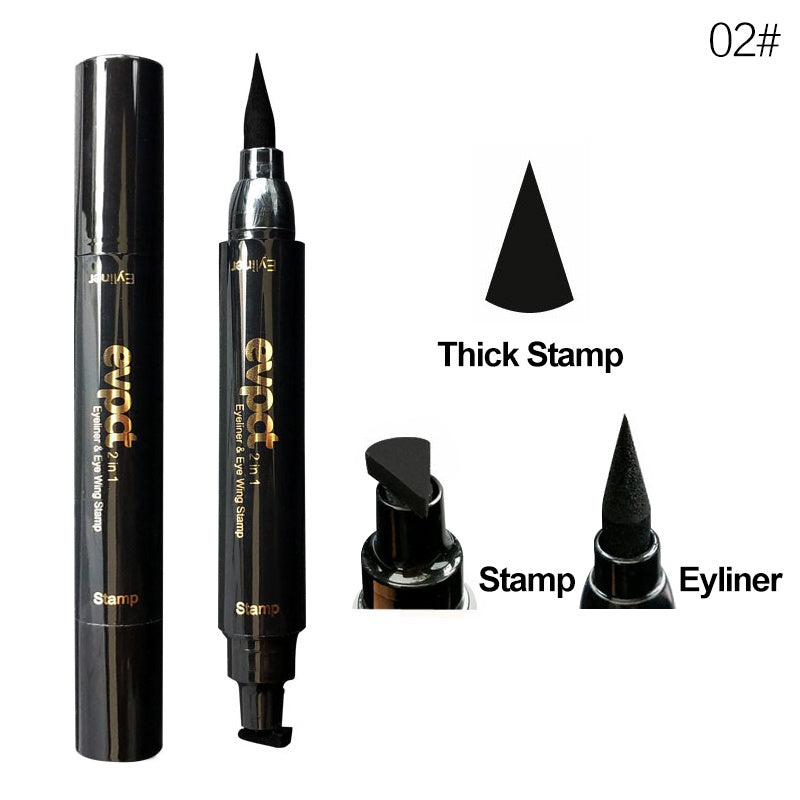 Winged eyeliner stamp pen set with thick stamp tip and pointed eyeliner applicator, black