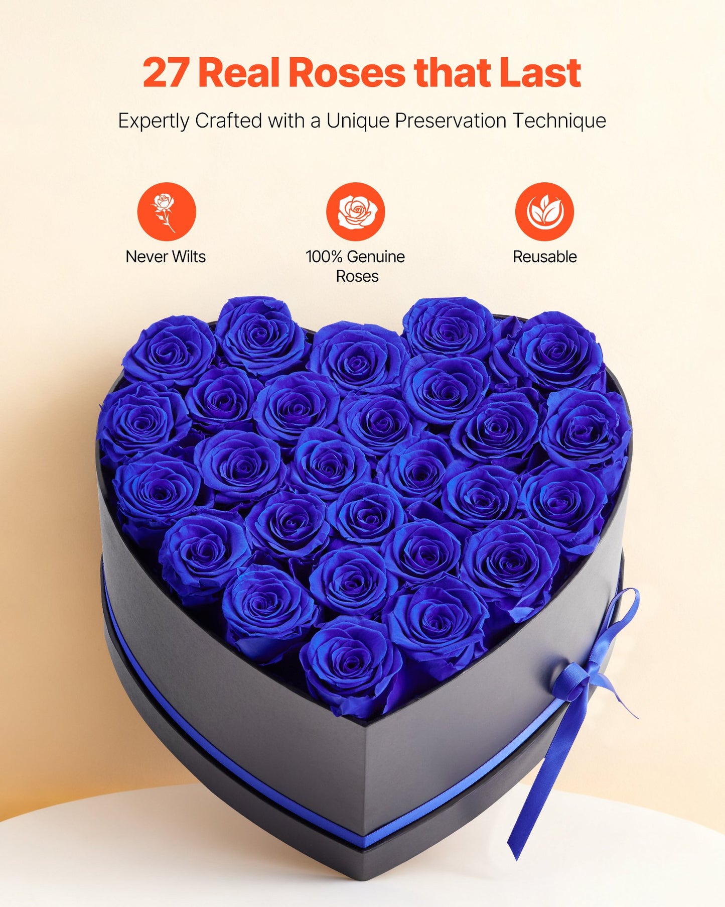27 Real Preserved Roses in Heart-Shaped Box - Eternal Royal Blue Flower Bouquet