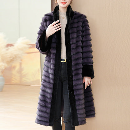 Purple faux mink coat with thick striped fur texture and black inner layer