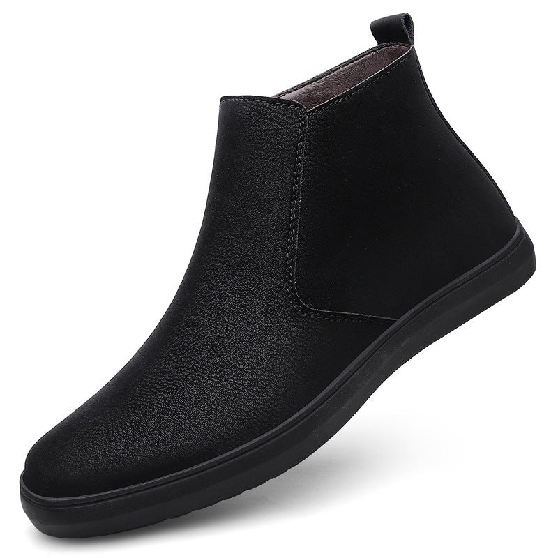 Men's black high-top leather boot with elastic side gore and rounded toe