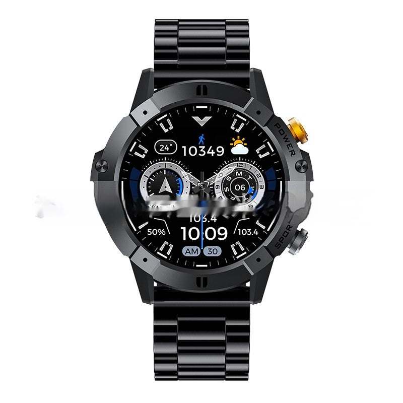Black smartwatch with textured bezel and black metal link band, bright multi-dial display