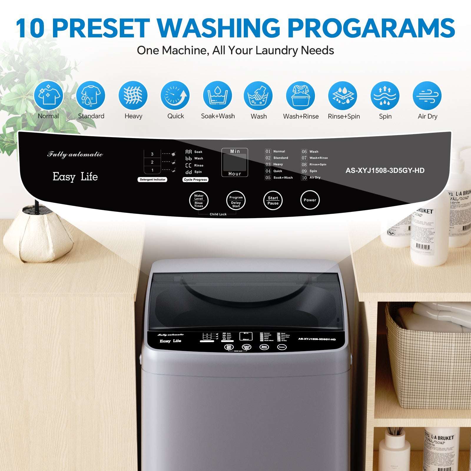 Compact washing machine with top lid and control panel, white front view