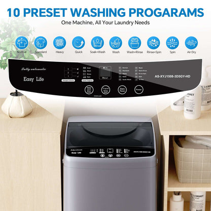 Compact washing machine with top lid and control panel, white front view