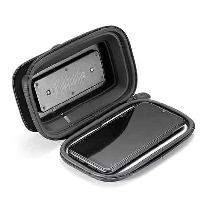 Black carrying case with a phone and electronic device inside on a white background
