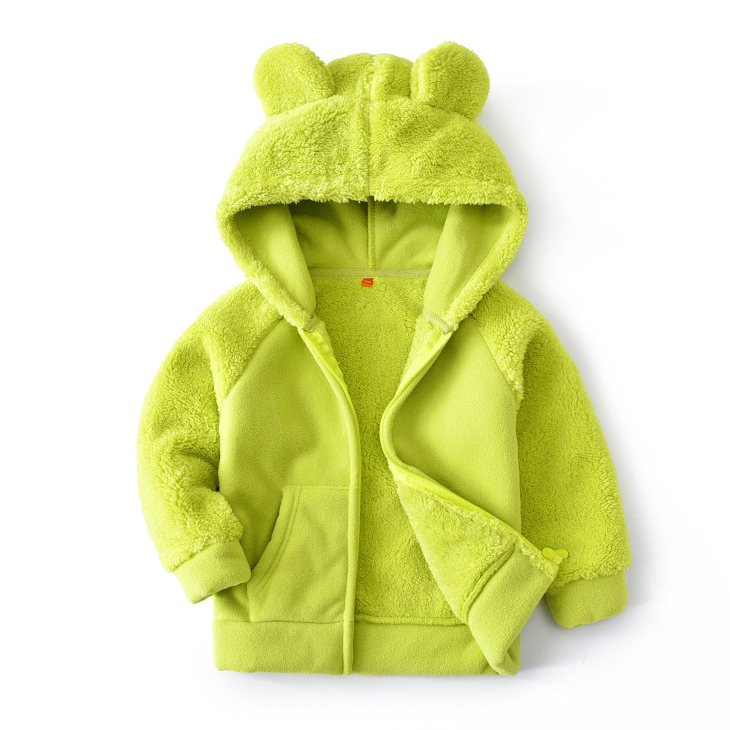 Lime green hooded zip-up fleece jacket for girls with teddy-bear ear hood