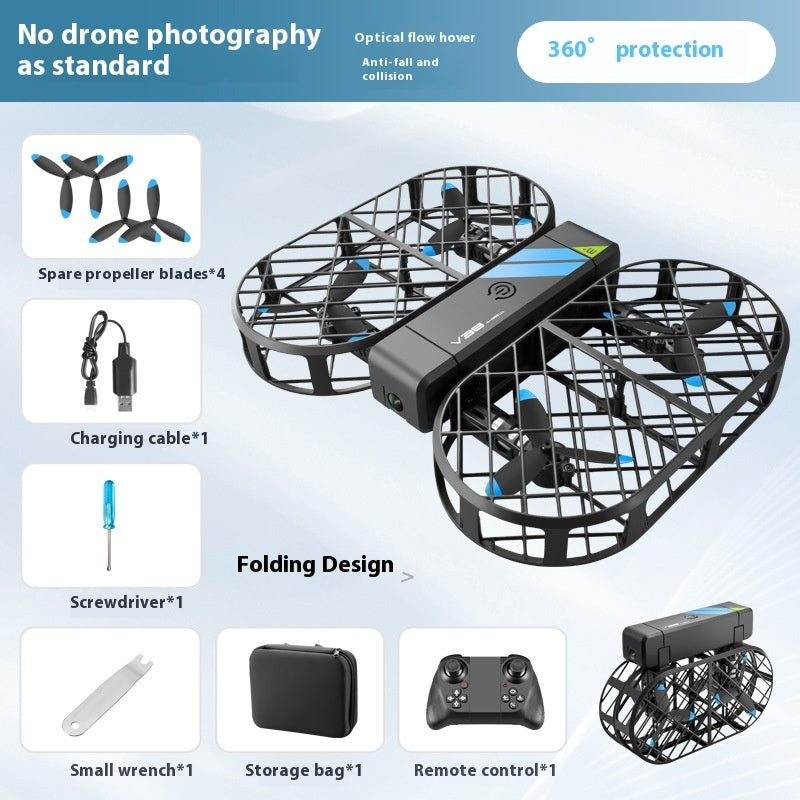 Folding drone kit with folded drone, remote controller, spare prop blades, and tools