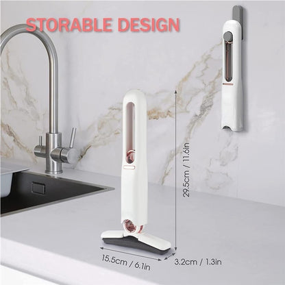 Compact mini mop with storage design, white handle docked near a sink countertop