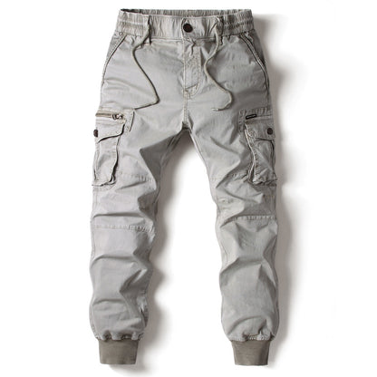 Multi-pocket skinny working pants, light gray with elastic waist and cargo side pockets