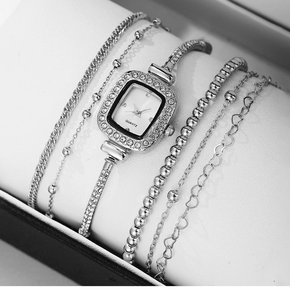 Silver rhinestone square watch with multiple chain and bead bracelets set
