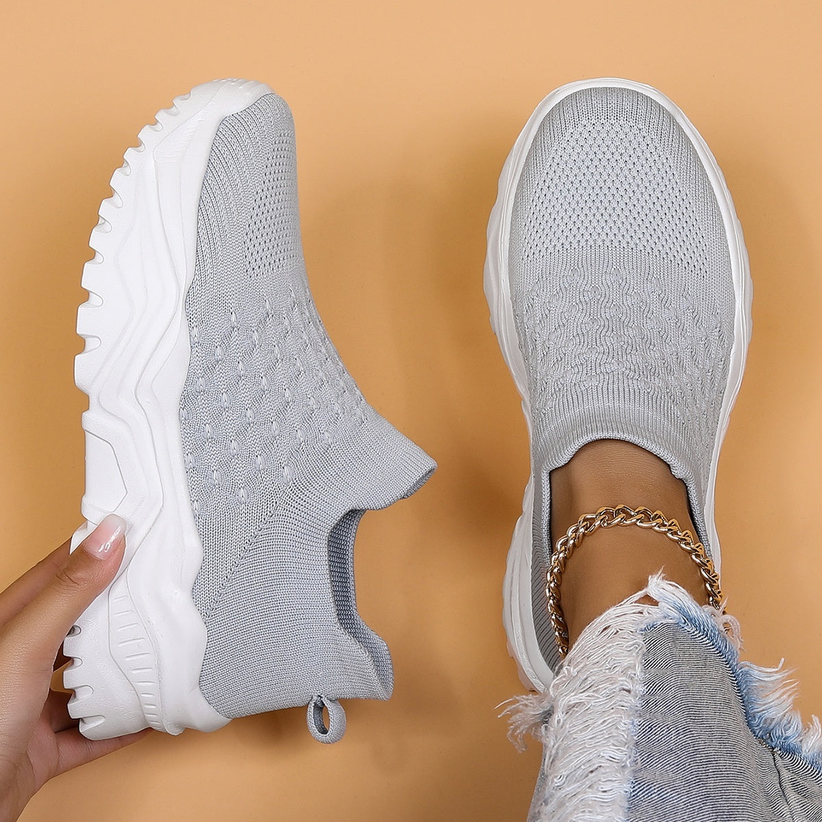 Plus Size Sports Women's Shoes Breathable Flyknit Slip-on