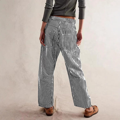 Blue-and-white striped wide-leg trousers with drawstring waist and patch pockets