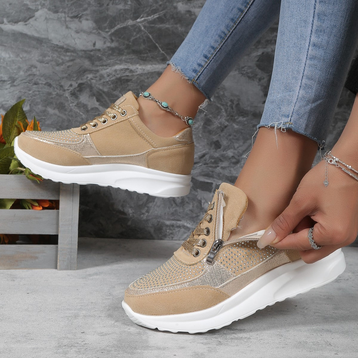 Flat Round Toe Rhinestone Pumps Women's Sports Casual Shoes