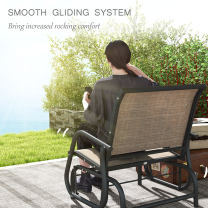 Outdoor steel glider chair with black frame and tan seat and backrest in motion