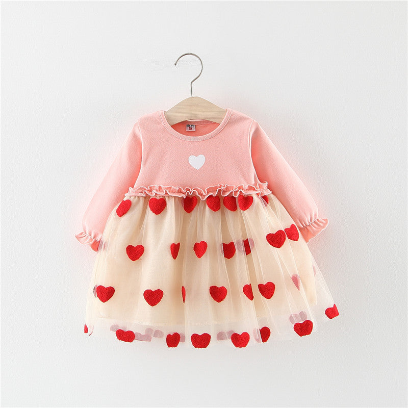 Baby girl dress in light pink with long sleeves, red heart print tulle skirt, ruffle hem