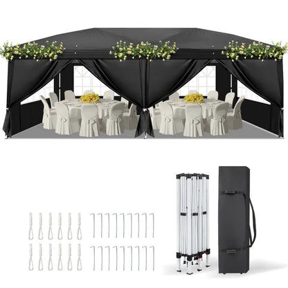 Black pop-up canopy tent front with side curtains and table setup