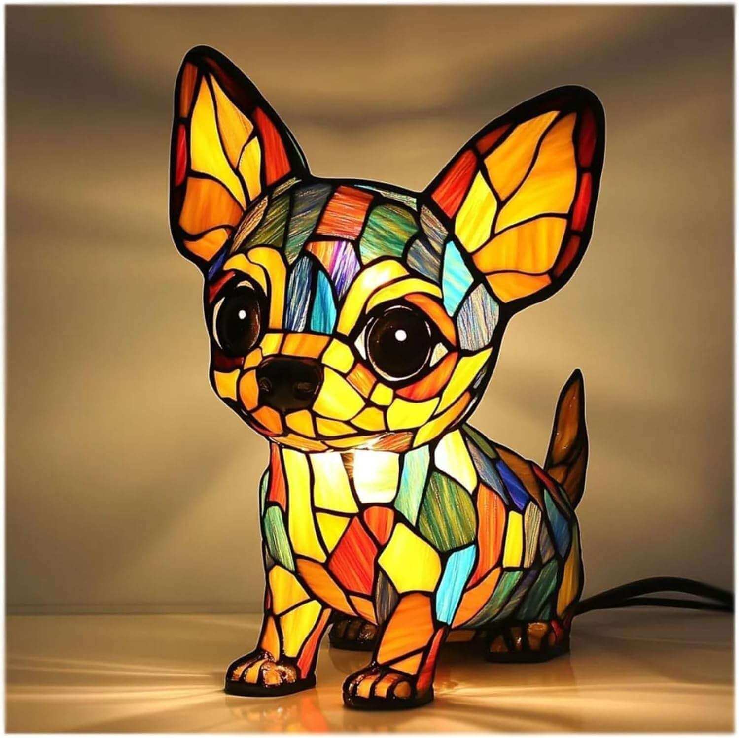 Colorful dog lamp with standing mosaic dog, multicolor stained-glass finish
