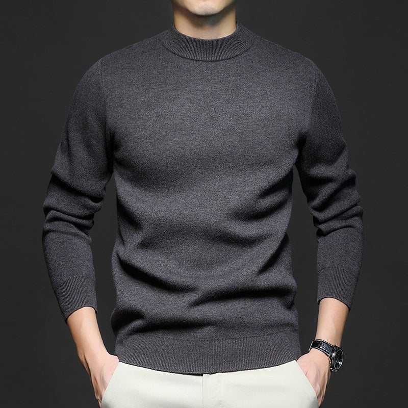 Men's worsted sweater, crew-neck knit with long sleeves, dark charcoal gray.