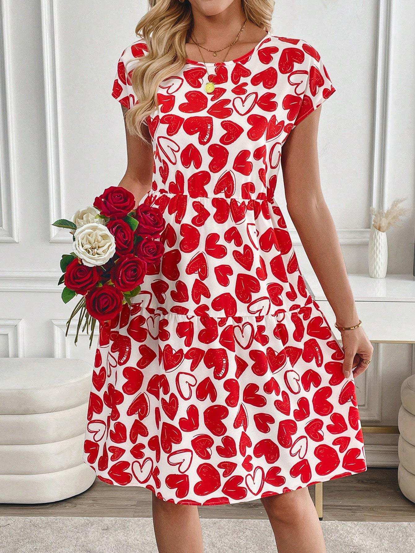 Women’s Valentine’s Day Heart Print Round Neck Casual Dress Women's Valentine's Day Heart Print Roun | Ectron Online