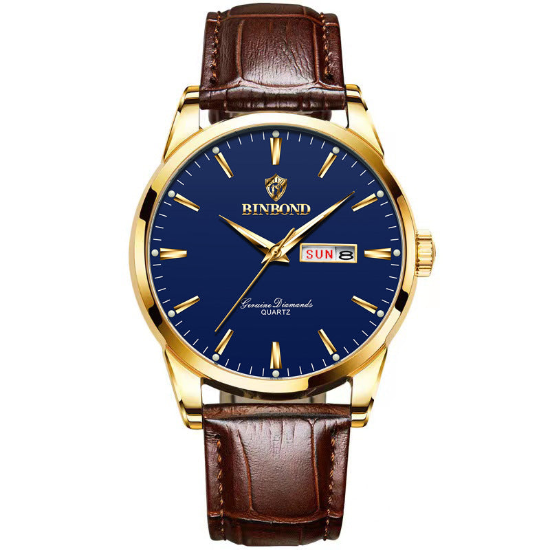 Men's quartz watch with gold case, blue dial, brown leather strap and day date window