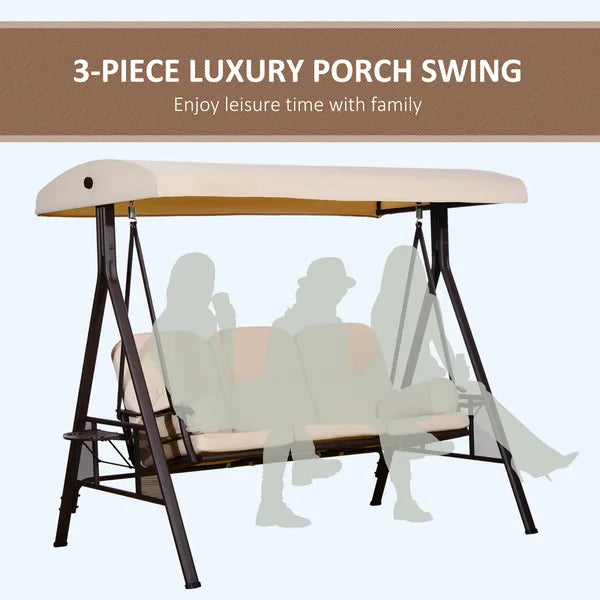 Outdoor porch swing chair with cream canopy and beige cushioned bench on black stand