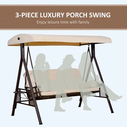 Outdoor porch swing chair with cream canopy and beige cushioned bench on black stand
