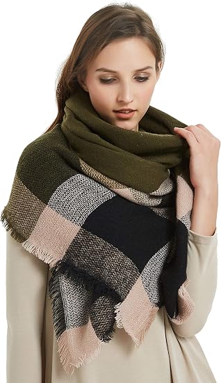 Plaid blanket scarf in dark green, black, white, and beige with fringe ends