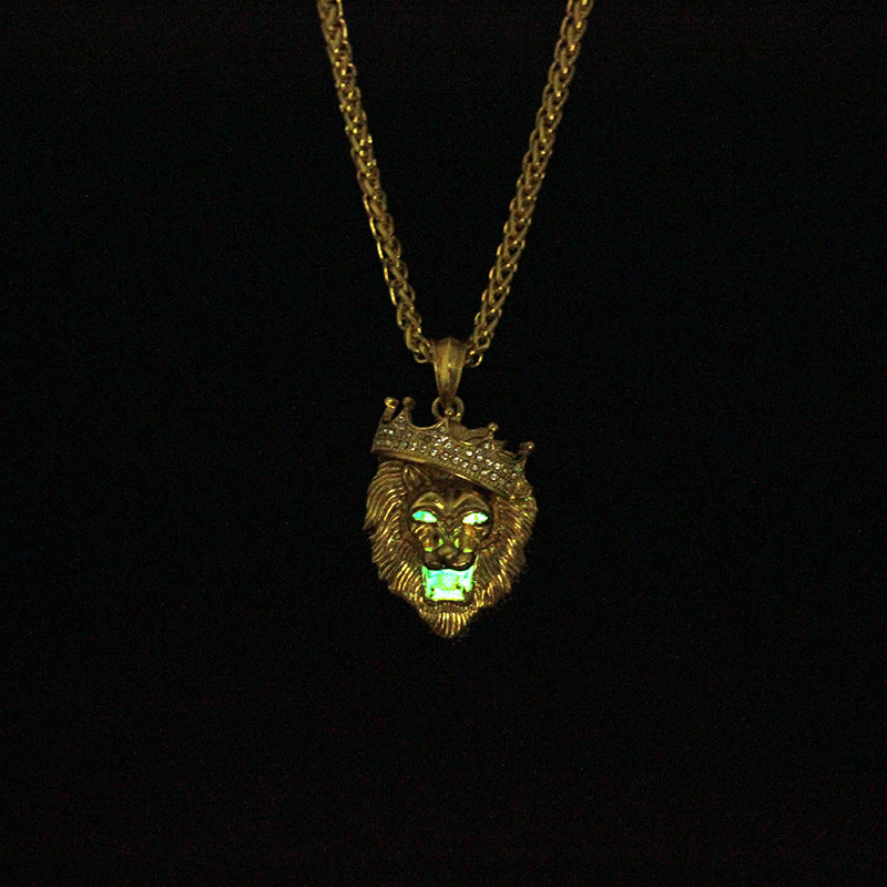 Europe and the United States selling diamond crown lion hip-hop luminous necklaces men Unisex gold-plated hiphop luminous Pendant