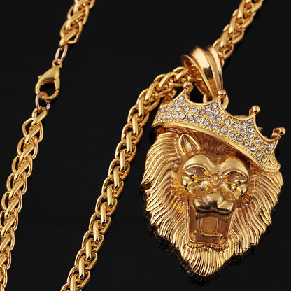 Europe and the United States selling diamond crown lion hip-hop luminous necklaces men Unisex gold-plated hiphop luminous Pendant