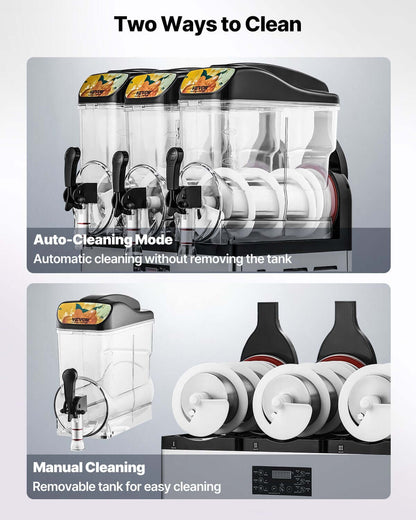 Three-tank slushy machine with auto-clean mode and removable tanks
