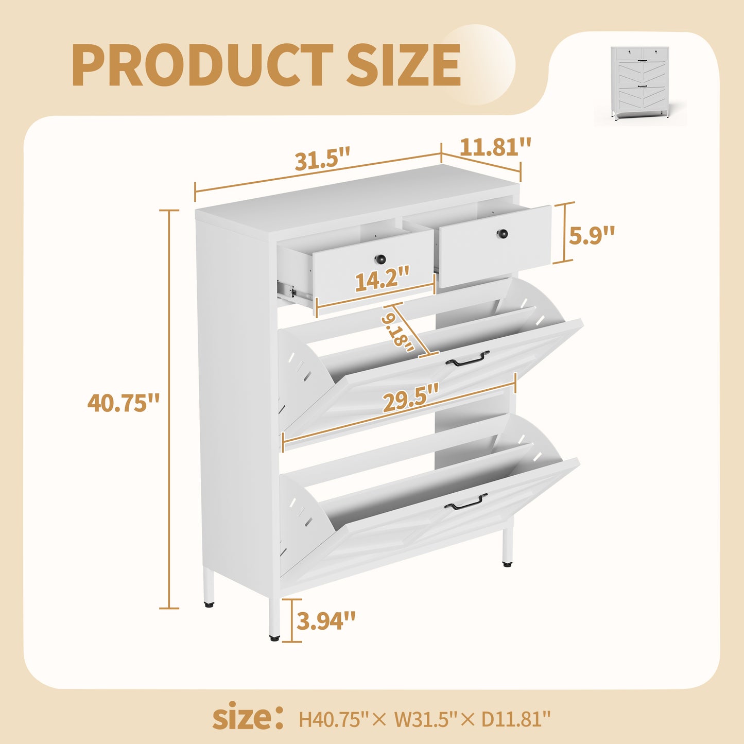 Slim White Shoe Cabinet - 2 Flip Drawers & 2 Storage Drawers 31.5"