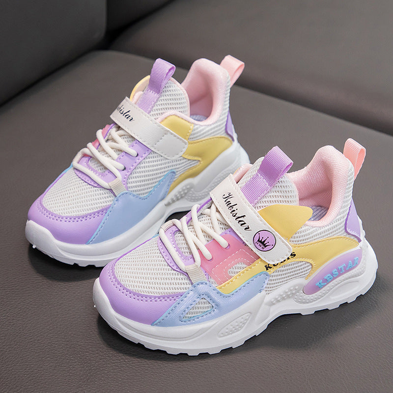 Girls' lightweight running sneakers with white and lavender uppers, yellow and light-blue accents.