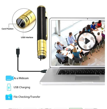 Black and gold pen camera with USB interface and card slot detail